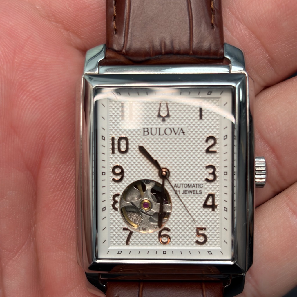 Bulova Silver Case Watch With Brown Leather Strap